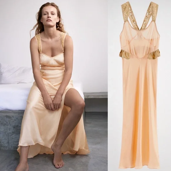 Zara SATIN MIDI LONG LACE STRAPS PEPLIM DRESS Front Slit at Hem Size S NEW - Picture 4 of 8